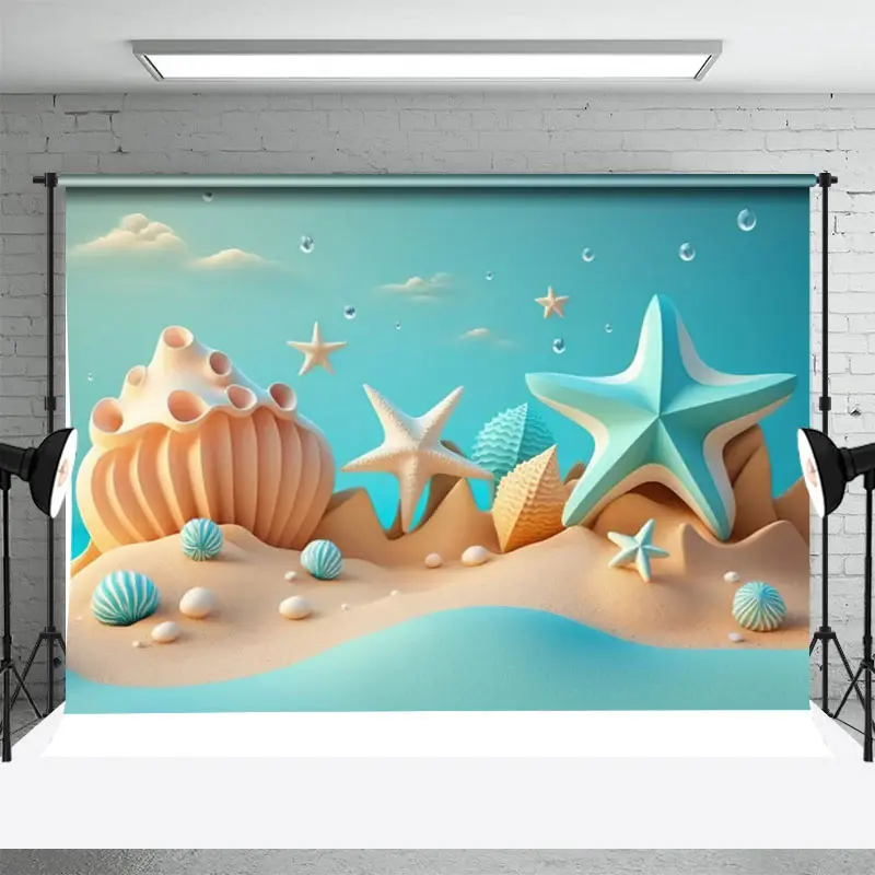 Blue White Starfish Shell Beach Sky Summer Backdrop - Aperturee