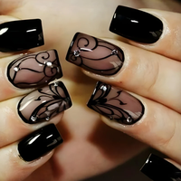 Black Gothic Press On Nails | CurvLife Nail | 24pcs Medium Square Fake Nails | Sheer Lace Rhinestone Design | Easy Apply, Dur...