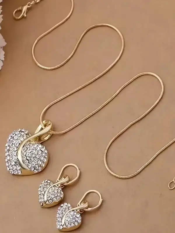 Women's Elegant Rhinestone Decorated Heart Design Pendant Necklace & Dangle Earrings, Exquisite Trendy Jewelry Set, Cute Jewe...