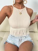 Women's Plain Textured Fringe Trim Crop Tank Top, Casual Sleeveless Halter Neck Top for Daily Wear, Ladies Clothes for All Se...
