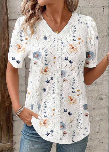 Modlily White Embroidery Floral Print Short Sleeve V Neck Blouse - S