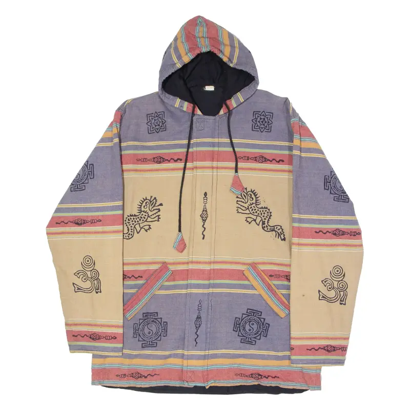 Traditional Asian Pattern Mens Jacket Purple 90s Hooded Striped L