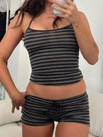 Women's Striped Print Halter Neck Top & Shorts Two-piece Set, Casual Sleeveless Top & Shorts for Summer, Ladies Clothes for D...