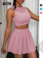 Two-piece Set Women's Solid Crop Top & Flare Skirt, Casual Fashion Cozy Clothing Set for Daily Outdoor Wear, Ladies Clothes ...