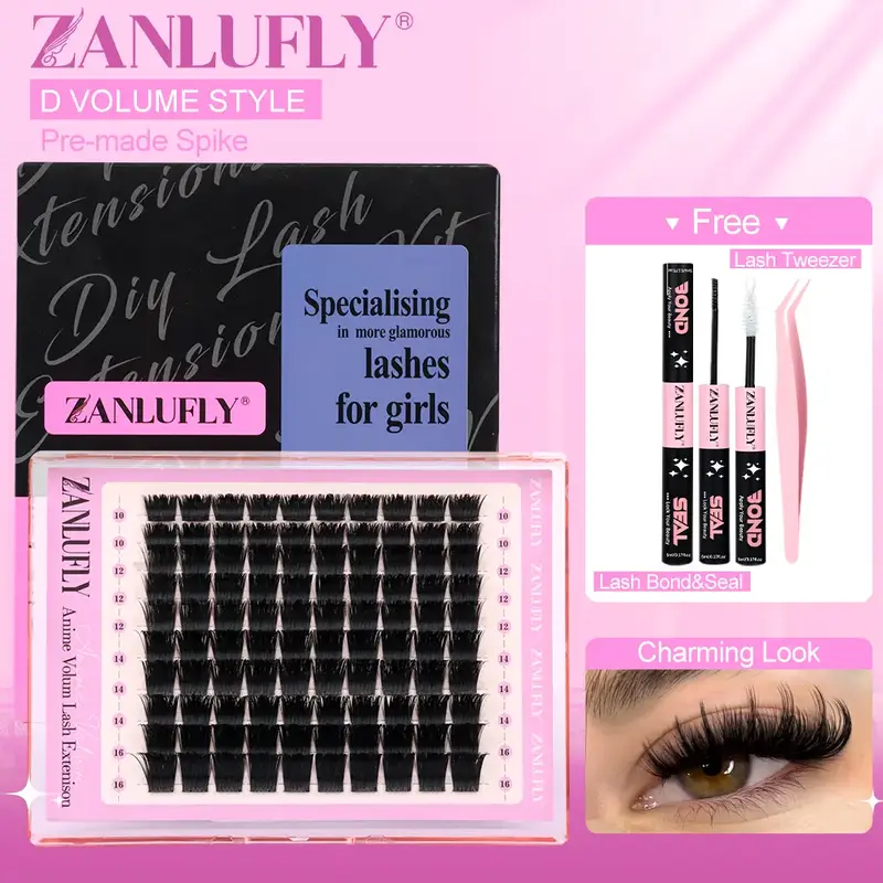 zanlufly Lash Clusters KIt D Curly Lash Extension Kit Volume Thick Eyelash Extension Kit Full Mega Individual Lashes Kit Come...