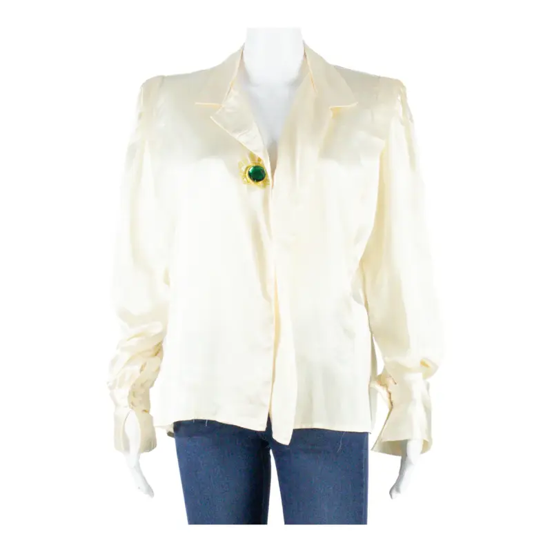 ANNE KLEIN Womens Shirt Blouse Cream V-Neck Long Sleeve L