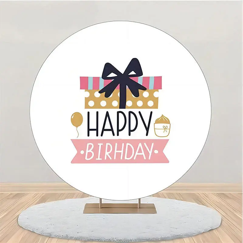 Pink Gift Black Bowknot Round Birthday Backdrop - Aperturee