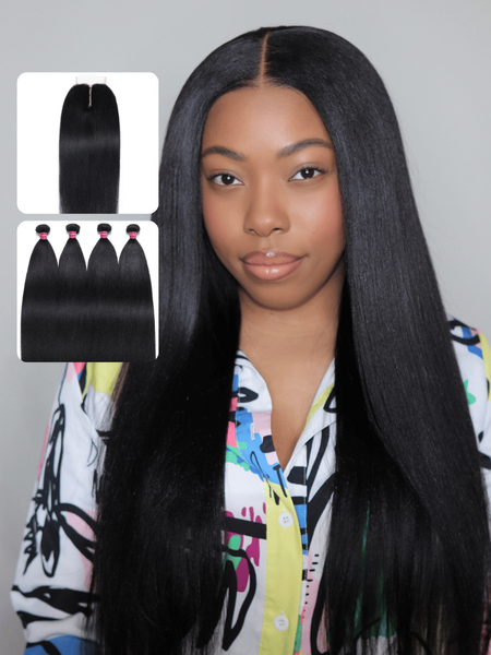UNice Yaki Hair 4 Bundles with Middle Part T Part Lace Closure Natural Color Virgin Human Hair