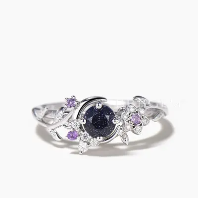 Round Galaxy Blue Sandstone Amethyst Moon Leaf Engagement Ring