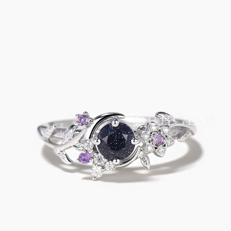 Round Galaxy Blue Sandstone Amethyst Moon Leaf Engagement Ring