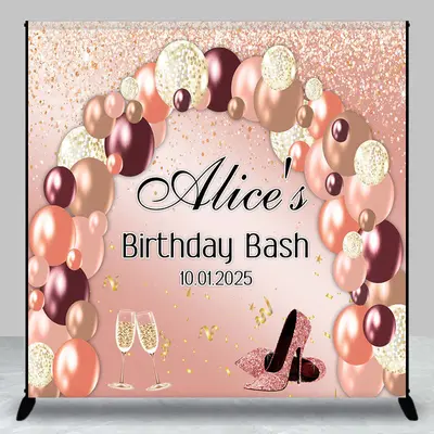 Rose Gold Balloons Custom Name Birthday Backdrop