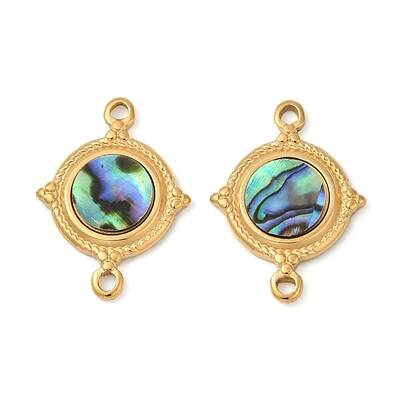 304 Stainless Steel Natural Paua Shell Flat Round Connector Charms