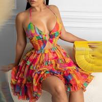Summer fashion hollowed-out strap V-neck style halter print dress