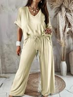 【Plus Size】Solid Color V Neck Tee & Pants Set, Casual Short Sleeve T-shirt & Trousers, Women's Summer Outfits