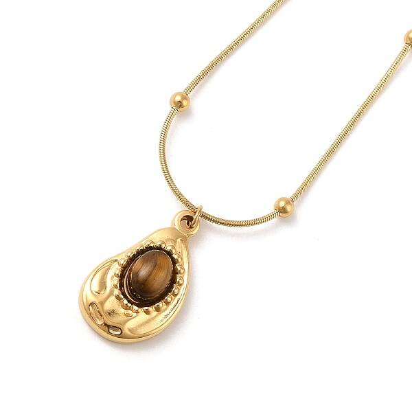 Ion Plating(IP) 304 Stainless Steel Natural Tiger Eye Pendant Necklaces