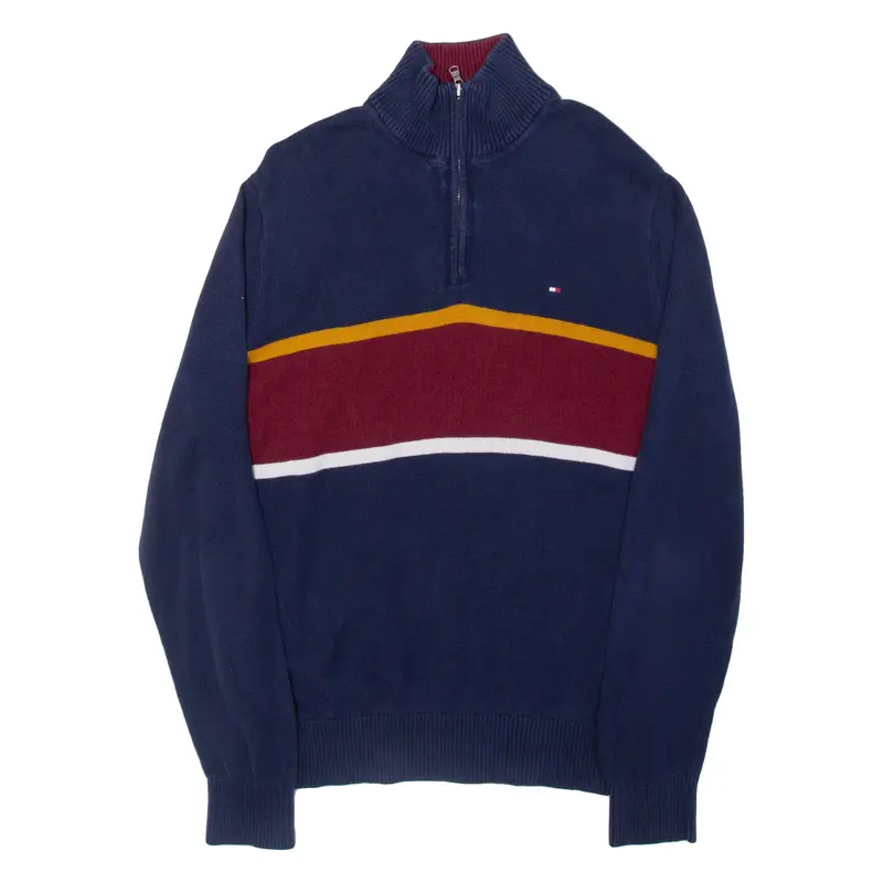TOMMY HILFIGER Mens Patterned Jumper Blue Colourblock 1/4 Zip Tight Knit M