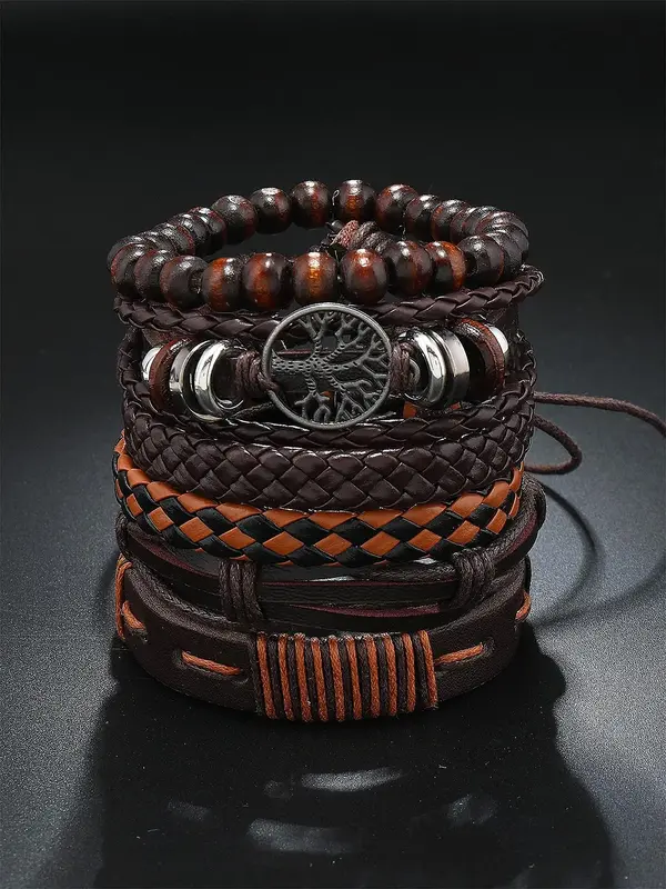 Men's Vintage Adjustable Bracelet Set (6counts/set), Beaded & Braided & Hollow Out Tree Design for Party, Daily Birthday Gift