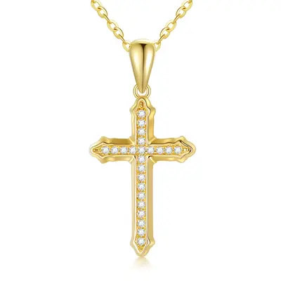 14K Gold Circular Shaped Moissanite Cross Pendant Necklace