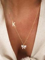 Artificial Crystal Bowknot Pendant Necklace, Stainless Steel Bead Chain Necklaces for Women, Fashion Jewelry for Party, Daily...
