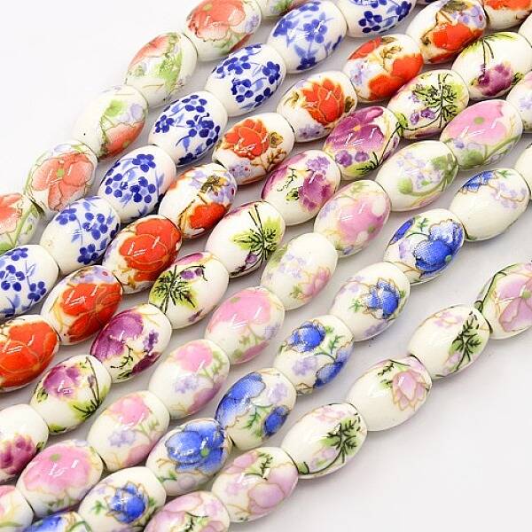 Handmade Flower Printed Porcelain Barrel Beads Strands