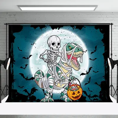 Skeleton Riding A Dinosaur Moon Halloween Backdrop