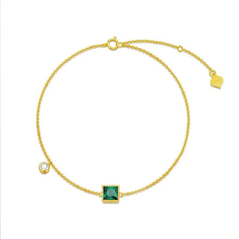 14K Gold Princess-square Shaped Emerald Charm Bracelet
