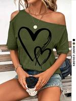 Women's Heart Print Cut Out One Shoulder Half Sleeve Tee, Fashion Casual Batwing Sleeve Asymmetrical Neck T-Shirt for Summer,...