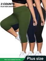【Plus Size】 Solid High Stretch Capri Leggings, Casual Comfy Breathable Skinny Pants for Yoga Gym Workout, Women's Bottoms...