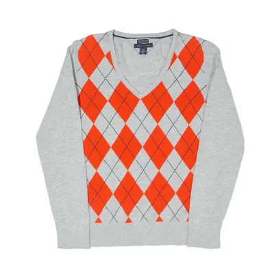 TOMMY HILFIGER Pima Cotton Patterned Jumper Orange Argyle Tight Knit V-Neck Womens M
