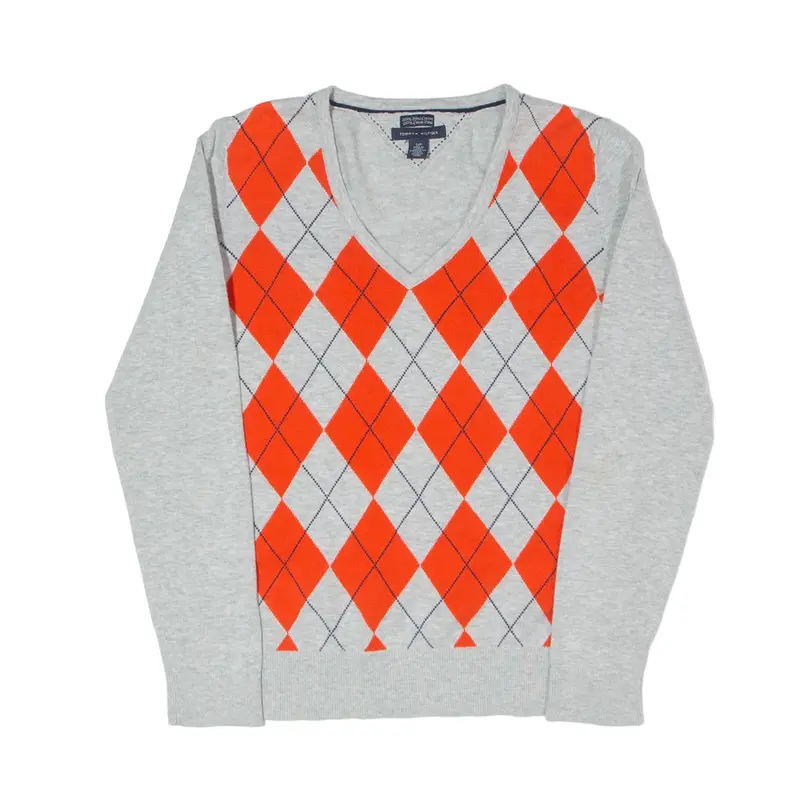 TOMMY HILFIGER Pima Cotton Patterned Jumper Orange Argyle Tight Knit V-Neck Womens M