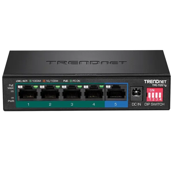 TRENDnet TPE-TG51G | 5-Ports 10/100/1000Base-T RJ-45 GbE (4xPoE+) Wall-mountable Gigabit Ethernet Network Switch