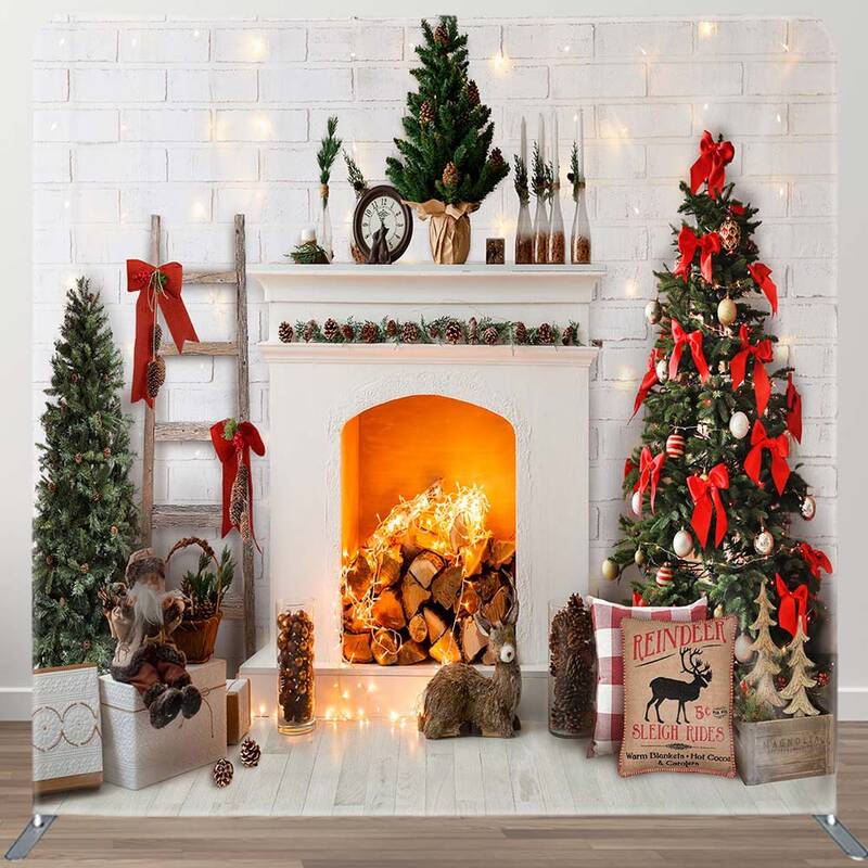 Aperturee Christmas White Fireplace Fabric Photo Booth Backdrop | Christmas Photoshoot Backgrounds | Christmas Backgrounds Fi...