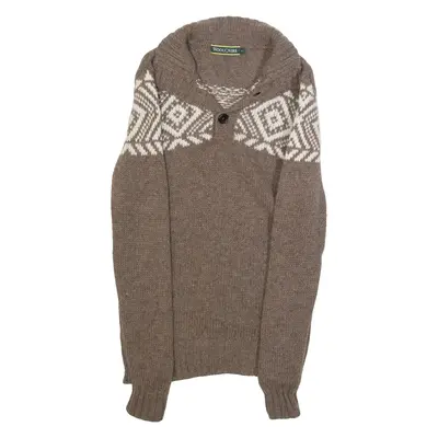 WOOLOVERS Mens Icelandic Jumper Brown Crazy Pattern Button Neck Wool S