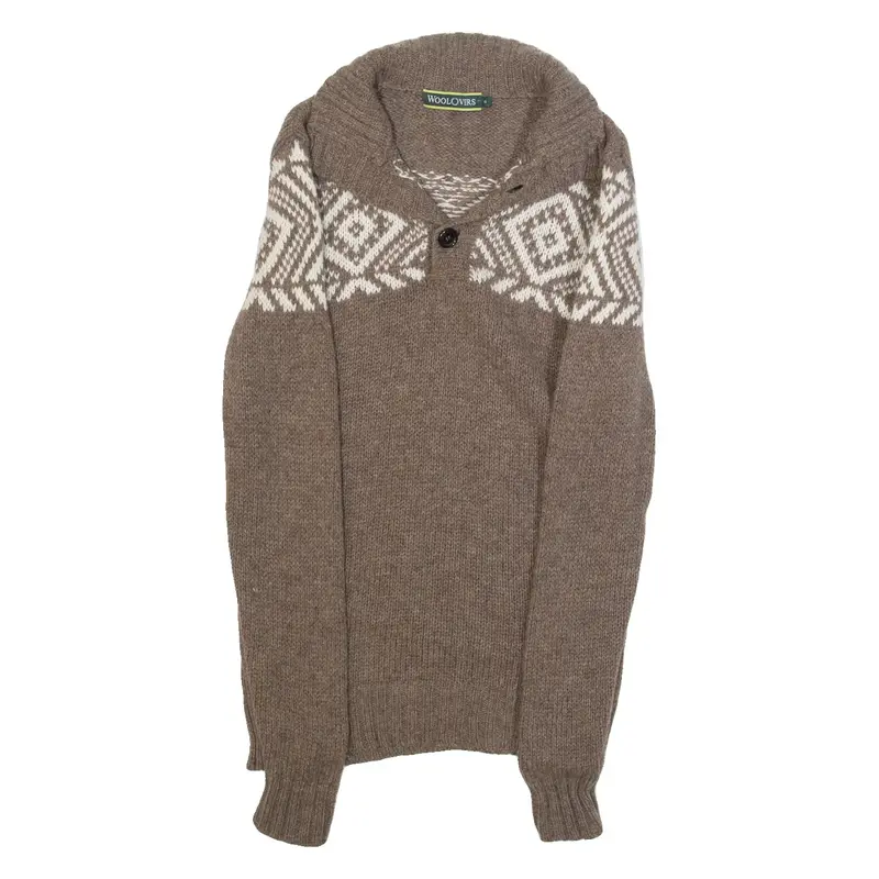 WOOLOVERS Mens Icelandic Jumper Brown Crazy Pattern Button Neck Wool S