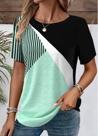 Modlily Black Patchwork Geometric Print Short Sleeve T Shirt - M