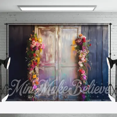 Vintage Rainbow Floral Door Grey Wood Wall Backdrop - Aperturee