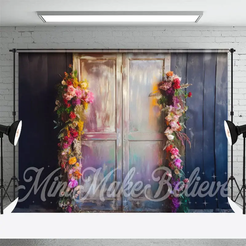 Vintage Rainbow Floral Door Grey Wood Wall Backdrop - Aperturee