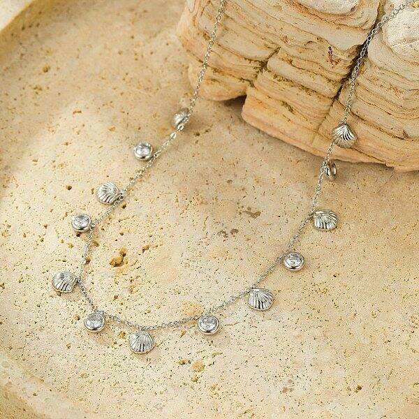 304 Stainless Steel Clear Cubic Zirconia Flat Round & Shell Shaped Bib Necklaces for Women