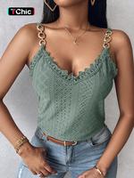 Women's Plain Contrast Lace Eyelet Embroidery Crop Tank Top, Classy Casual Chain Decor Backless Sleeveless Top for Summer, L...