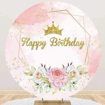 Pink Gold Glitter Floral Round Birthday Backdrop - Aperturee