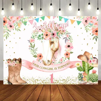 Aperturee Saddle Up Pink Floral Horse 1st Birthday Backdrop