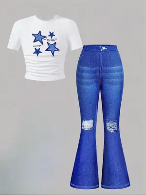 Two-Piece Set Girl's Star Print Tee & Denim-Effect Print Flare Leg Pants Set, Casual Short Sleeve Round Neck T-shirt & Elasti...