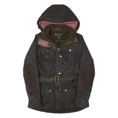BARBOUR Belted Equine Fleece Lined Womens Wax Jacket Green Hooded UK 10