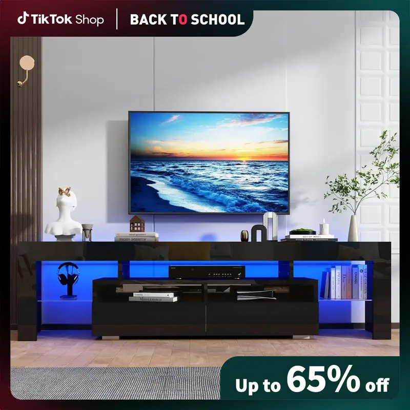 [Back to School]EBELLO LED TV Stand for 70 Inch TV Entertainment Center Black TV Stand with 20 Colors RGB Light and Remote Co...