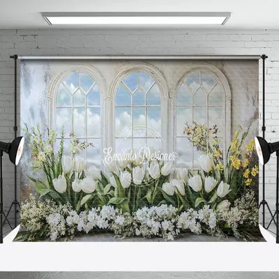 White Window Mural Floral Greenry Spring Backdrop - Aperturee