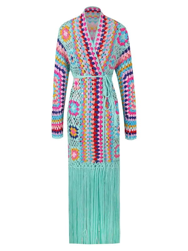 EDOLYNSA Women's knitted cardigan Knitwear Tassels colorful Bohemian Long sleeved chic vacation kimono bathing suit cover ...