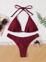 Two-Piece Set Women's Solid Color Halter Bikini Set, Casual Fashion Chic Tie Back Triangle Swim Bra & Swim Thong Swimwear Se...