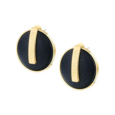 Trussardi Orecchini Unici Placcati In Oro Con Pelle Nera T-Round Tjayf01