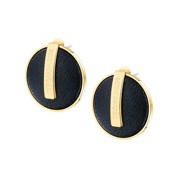 Trussardi Orecchini Unici Placcati In Oro Con Pelle Nera T-Round Tjayf01