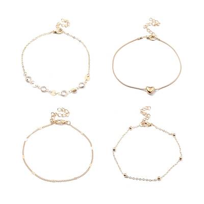 4Pcs 4 Style Alloy Chain Anklets Set with Heart